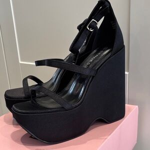 Berness Black Satin Platform Wedge Sandals